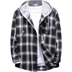 Lavnis Men's Plaid Hooded Shirts Casual Long Sleeve Lightweight Shirt Jackets